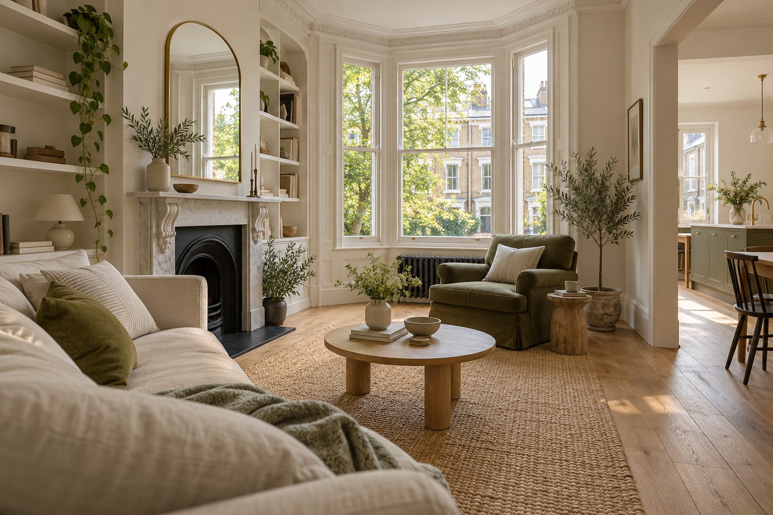 A bright, carefully maintained living room with natural materials
