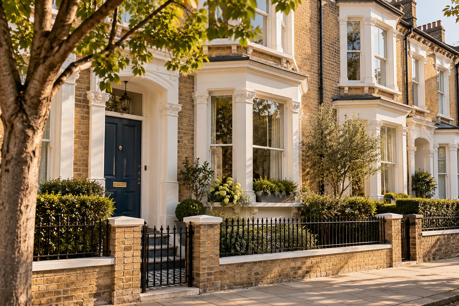 Sunlit Victorian terraced homes in a London residential street